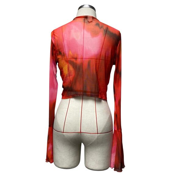 Vintage Windsor Womens Size L Printed Mesh Tie Front Ruffle Y2K Cardigan - Picture 7 of 9